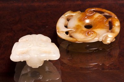 White Jade Figure and Russet Jade Bi-Disc with Dragon