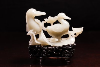 White Jade Mandarin Ducks with Lotus on Carved Stand