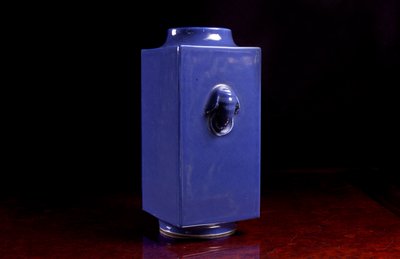 Blue Glazed Cong Vase with Elephant Head Handles