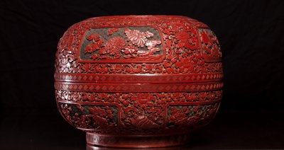 Carved Cinnabar Lacquer Box with Floral Panels
