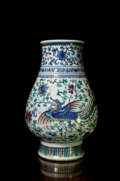 Doucai Phoenix Vase in Archaic Hu Form