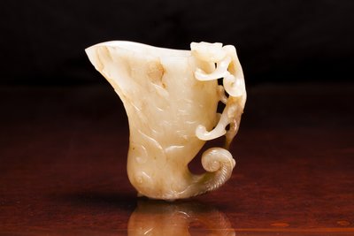 White Jade Rhyton Cup with Chilong Dragon Handle